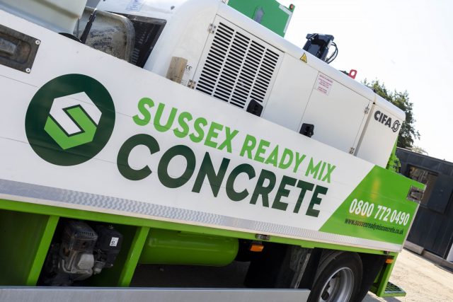 close up of Sussex Ready Mix Concrete delivery truck